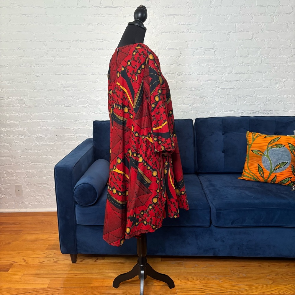Red Printed Mini Dress - Bold Graphic Swing Dress - Picture 2 of 6